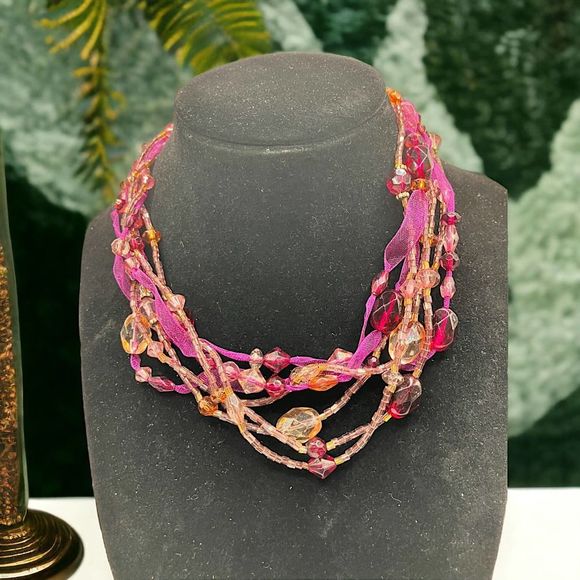 NWT! Monet Adjustable Purple and Pink Beaded Ribbon Boho 16 1/2 inch Necklace! - Picture 1 of 6